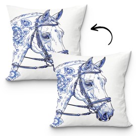 uinwk Chinoiserie Blue and White Decor, Blue Flower Horse Pillow Covers 18x18, Given to Horse Lover Gifts, Horse Decor Pillow Cover for Living Room Bedroom Office Decor