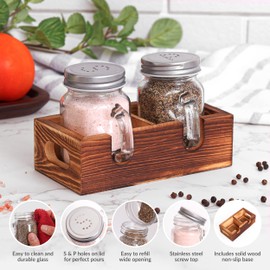 Mason Jar Salt and Pepper Shakers - Glass Shaker Set with Wood Holder Caddy, Easy to Clean & Refill for Farmhouse Kitchen Table, Home and Gifts