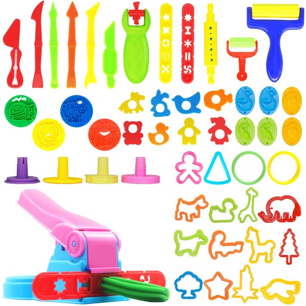 Hanmulee Dough Tools, 51 Pcs Play Dough Tools Kit For Kids, Playdough Tools and Cutters Sets, Clay Plastic Accessories Rollers Extruders Kit Plasticine Creation Educational Toy Gift, Multicolored