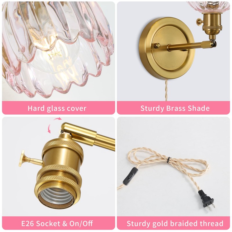 Eemmwet Tulip Wall Sconces Set of 2, Pink Glass Plug