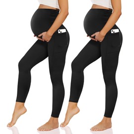 Happy.angel 2 Pack Maternity Leggings with Pockets Over the Belly, Womens Black Workout Yoga Pregnancy Pants Black Small
