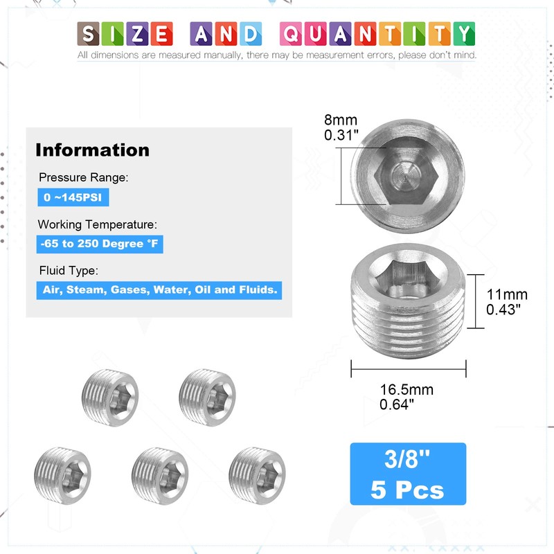 Glarks 5Pcs 304 Stainless Steel 3/8'' NPT Male Pipe Plug