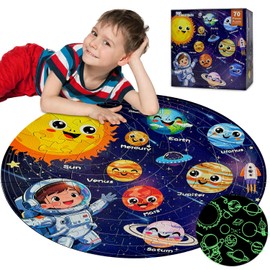REALRINDO Floor Puzzles for Kids Ages 4-6 70 Piece Glow in The Dark Solar System Puzzles 3-5 Space Planets Toys Large Jigsaw Puzzle Learning Educational Toy Birthday Gift for Boys Girls Ages 6-8