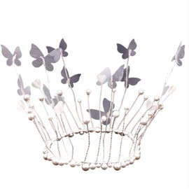 JORCEDI Lovely Butterfly Pearl Tiara Crown Pageant Prom Crown Performance Wedding for Wedding Prom Birthday Party Silver