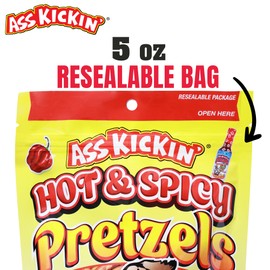 ASS KICKIN' Spicy Pickle Pretzels, Seasoned Pretzel Twists, 5 oz Resealable Pack (5oz, Hot & Spicy)
