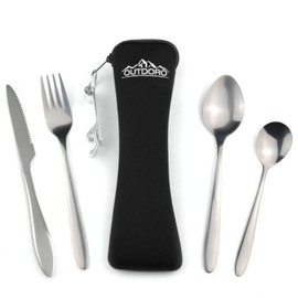 Outdoro camping cutlery and travel utensils, made of stainless steel with a neoprene pouch, ideal cutlery set for outdoor and travel, black