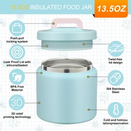 JXXM 13.5 Oz Thermo Food Jar for Hot & Cold Food for Kids, Insulated Lunch Containers Hot Food Jar,Leak-Proof Vacuum Stainless Steel Wide Mouth Lunch Soup Thermo for School (Ice Blue (13.5OZ))