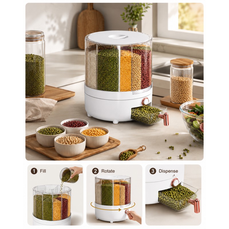 6-Compartment Rotating Grain Dispenser for Kitchen Storage – 360° Dry
