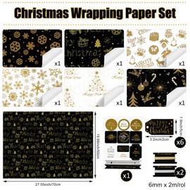 Christmas Wrapping Paper 70 x 50 cm, 6 Sheets Gold and Black Christmas Paper Set, Christmas Wrapping Paper with Stickers, Pendant and Bow for Gift Wrapping, Snowflake Pattern