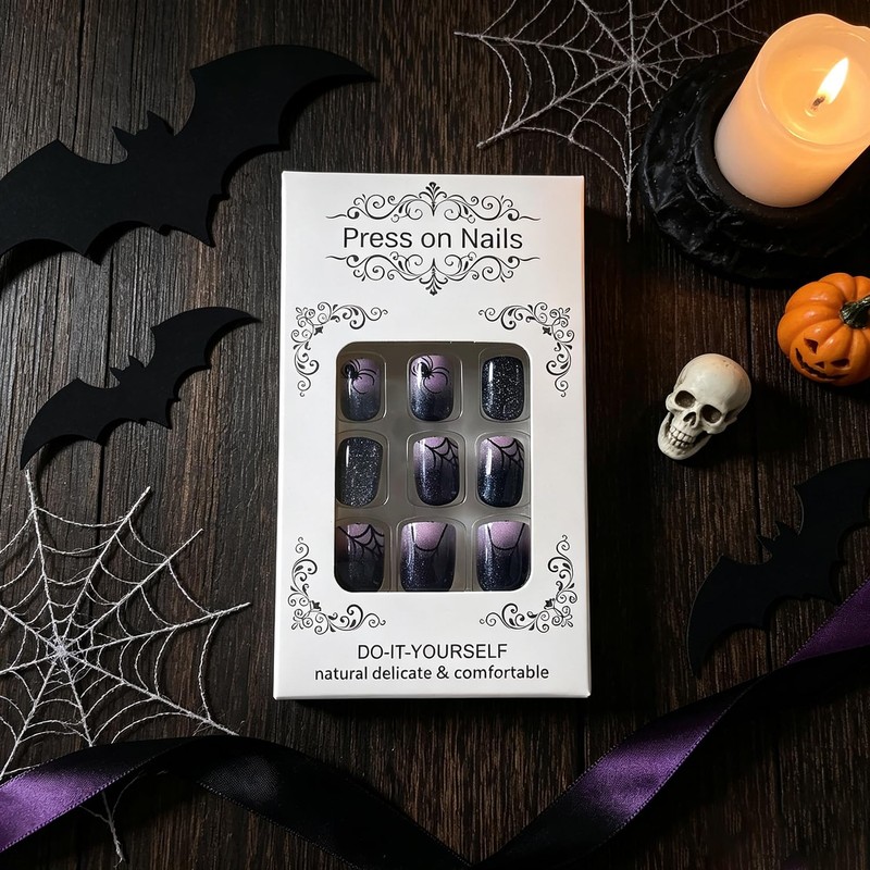 Halloween Press on Nails Short Square 3D Fake Nails Black