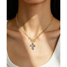 Desnuage Two Tone Black Hammered Cross Toggle Necklace For Women 14K Gold Plated Paperclip Chain Hypoallergenic Vintage Minimalist Daily Wear Jewelry