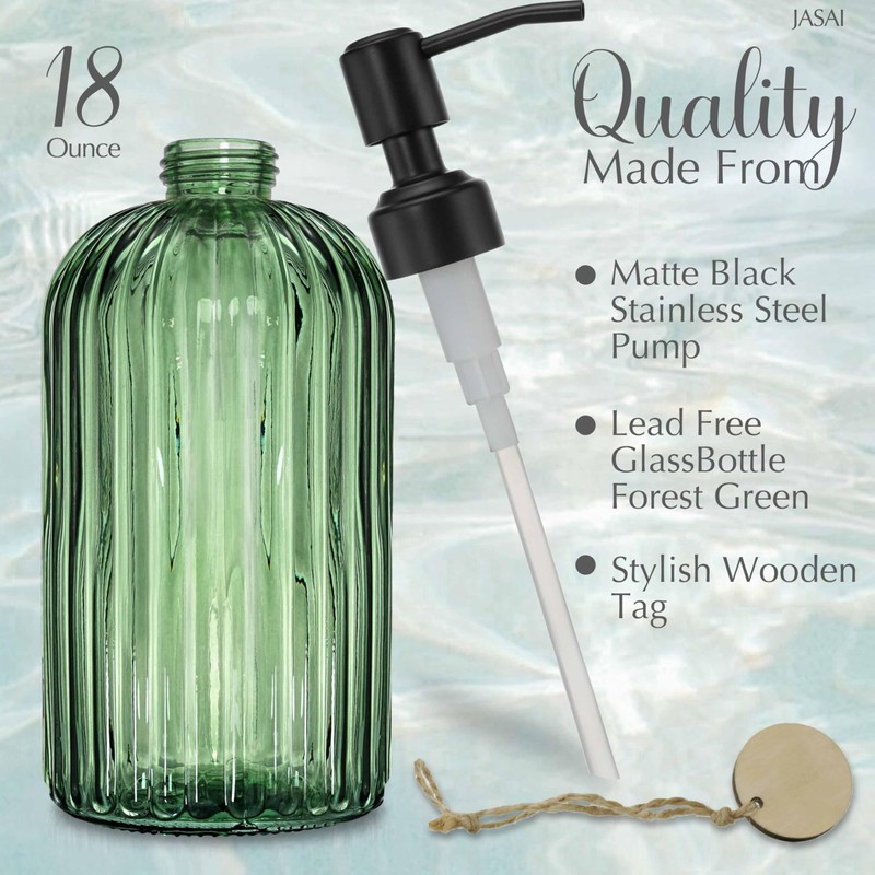 JASAI 18Oz Green Glass Soap Dispenser with Black Rust Proof