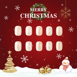 White Curve Line Press on Nails 24Pcs Short Square Christmas Snowflake False Nails Glossy White Candy Cane Curve Acrylic Fake Nails Snowflake Gel Glue on Nails Xmas Stick on Nails for New Years Gift