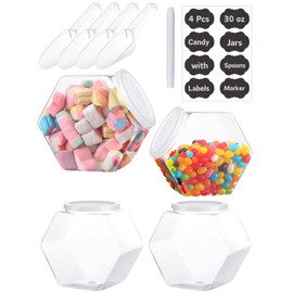 Glazeal 4pcs Plastic Candy Jars 30oz with 4pcs Spoons,8 Pcs Label Stickers & 1 Pen, Hexagon Candy Containers with Airtight Lids for Candy Buffet, Kitchen Storage Containers Set