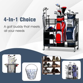 ULTIMATE 4-in-1 Golf Bag Storage Organizer with Lockable Wheels, 2 Golf Bags Storage Stand w/ 8-Pocket Organizer, Golf Ball Basket, 4 Removable Hooks & 3-Tier Shelf, Garage Storage Rack for Women Men