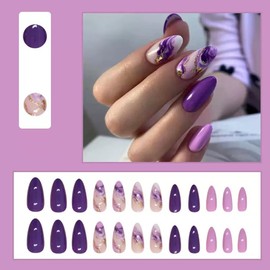 Medium Press on Nails Almond Fake Nails Purple False Nails with Design Gold Foil Stick on Nails Ombre Acrylic Nails Full Cover Glue on Nails Reusable Artificial Nails for Women 24Pcs