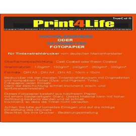 High Gloss Photo Paper on both sides + Satin/Matte A4 (210 mm x 297 mm) Size A5 (210 mm x 148.5 mm and 10 cm x 15 cm Cast Coated + Resin Coated 120g/m² + 220 g/m²; 260g/m² + 300 g/m²