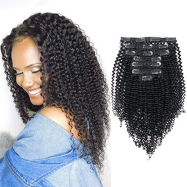 Sassina Remy Kinky Curly Clip in Human Hair Extensions for Black Women 3B 3C Afro Kinky Curly Clip-in 120 Grams Per Set with 7 Pieces 17 Clips KC 16 Inch
