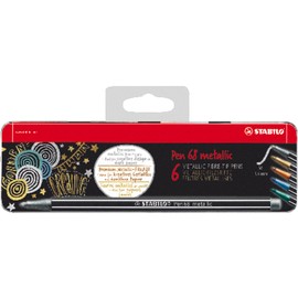 Metallic Premium Felt Tip Pen - STABILO Pen 68 Metallic - Tin of 6 - Assorted Colours - with Hanging Device
