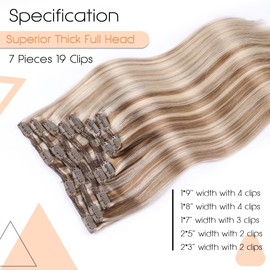 VINBAO Clip in Hair Extensions Real Human Hair Highlights Light Brown with Platinum Blonde Hair Extensions Human Hair Highlighted Clip in Hair Extensions 140g 14in 7pcs (#HC8P60,14'')