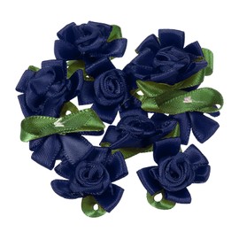 PATIKIL Mini Satin Ribbon Roses, 10 Pcs Small Rosettes Fabric Flowers with Green Leaves for Craft Projects Embellishments Applique, Navy Blue
