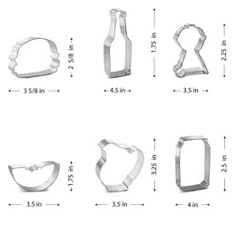 Foose Brand Cookie Cutter Summer Picnic 6 Pc Set with Recipe Card, Made in USA - 4 in Hamburger 4.5 in Bottle 3.5 in Charcoal Grill 3.5 in Watermelon 4 in Soda Beer Can 3.5 in Juice Lemonade Pitcher