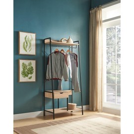 TREATLIFE HOME Stylish Metal Clothes Rack for Clutter-Free Living, Free Standing with One Drawer and Hanging Rod, for Small Spaces, Light Brown