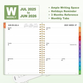 SUNEE Academic Planner 2025-2026 Weekly and Monthly, July 2025-June 2026, 6.4"x8.3", Tabs, Note Pages, Pockets, Bookmark, Flexible Cover, Spiral Binding, Sage Green