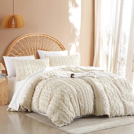 Nayoroom Boho Duvet Cover Queen Size Beige Tufted Chenille Aesthetic Bedding Set 3 Pcs Luxury Soft Washed Microfiber Geometric Textured Comforter Cover with Zipper Closure for All Seasons