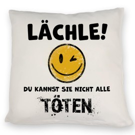 Emoticon Cushion with Saying "Lächle du Kannst sie Nicht alle töten for Young Men or Women Smile Decorative Cushion Funny Fun