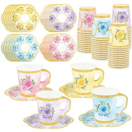 Fairooth Fairooth 24 Sets Floral Paper Tea Cups and Saucers Disposable Tea Party Supplies Colorful Flower Teacups with Handle and Plates for Hot Cold Drink Wedding Birthday Party Baby Shower