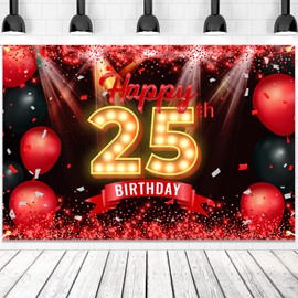 Happy 25th Birthday Banner Backdrop Red and Black 25 Years Old Background Bday Decorations for Women Men Photography Party Supplies Glitter