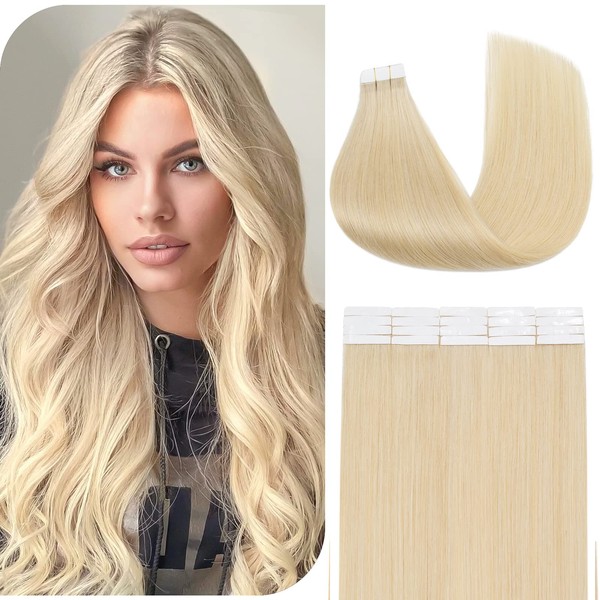 Benehair Tape-In Real Hair Extensions, Invisible Tape Extensions, Real Hair, 20 Pieces, 50 g, Remy Natural Tapes Extensions, Real Hair, 55 cm, Light Blonde #613