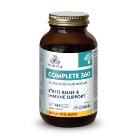 PURICA - Complete 360 Micronized Mushrooms, 144 Vegan Caps - 120+24 Bonus, Supplement with Ashwagandha, Reishi, Lion's Mane, Chaga, Cordyceps & More, Support for Pressure Relief, Immune & Brain Health