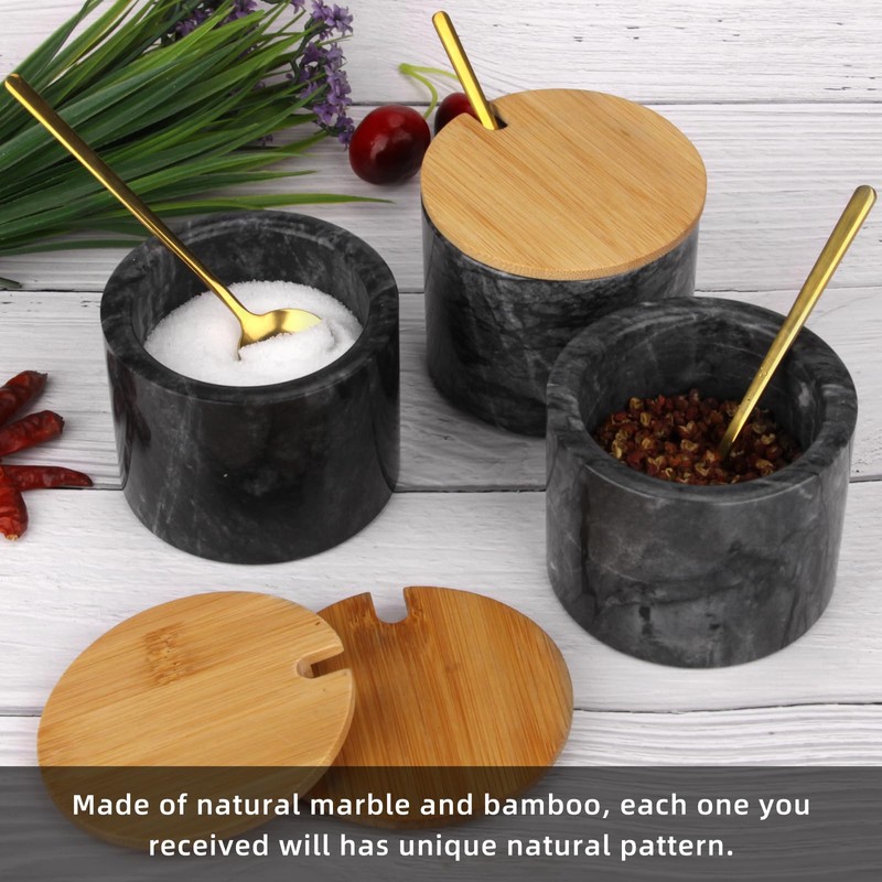2 Sets Marble Salt Cellar Box with Bamboo Lid &