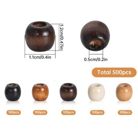 Pack of 500 Wooden Beads with Large Hole, 5 Colours, Natural Oval Wooden Beads, Craft Beads for Threading, Round Wooden Beads for DIY Crafts, Spacer Beads, Macrame Accessories (12 mm, Hole: 5 mm)
