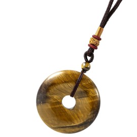 Nupuyai Women's Necklace with Doughnut Gemstone Pendant 40 mm, Crystal Round Amulet Lucky Coin for Men and Women, Stone Nylon, Tigers Eye