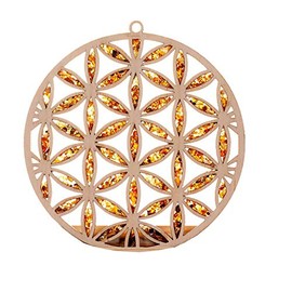 Suncatcher Amber in Birch Wood Flower of Life Window Decoration Diameter 10 cm