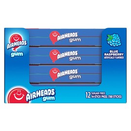 Airheads Candy, Chewing Gum, Blue Rasberry Flavor, Sugar Free, Xylitol, 14 Sticks per Pack, Box of 12 Packs