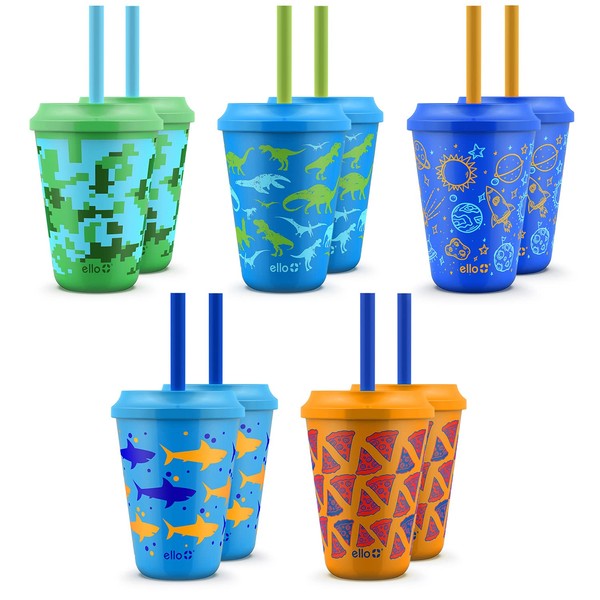 Ello Vasos de plástico reutilizables que cambian de color para niños con tapas giratorias a prueba de salpicaduras y popote, sin BPA, apto para lavaplatos, 12 onzas, selva tropical, paquete de 10