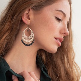 Boho Chandelier Earrings for Women Indian Gypsy Dangle Earrings Lightweight Filigree Gypsy Coin Disc Tassel Charm Hoops (black)