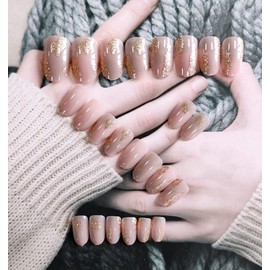 Set of 24 Nail Tips, Elegant and Elegant Nails, Medium Length Fake Nails, Gold Foil for Photo Taking Pictures, Weddings, Parties, After-parties, etc