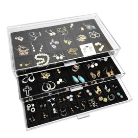 Ikee Design Large Premium Acrylic Jewelry Organizers with 3 Drawers, Acrylic Jewelry Box, Jewelry Display Organizer, Ideal for Vanity,Bathroom,Desktop,14.5 W x 8.25 D x 4.5 H in, with Black Padding