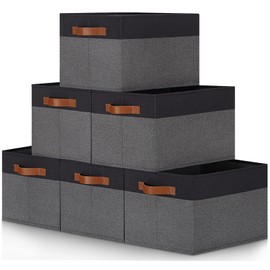 PFFVRP Large Fabric Storage Bins(6-Pack), Foldable Fabric Storage Baskets for Shelves, Sturdy Storage Boxes with PU Handles for Organizing Closet Home Bedroom Office (26L, Grey&Black)