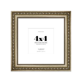 4x4 Champagne Silver Ornate Photo Frame With White Mat For 2x2 Picture, Ready to Hang or Stand, 1 Pack