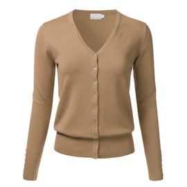 Women's Button Down V-Neck Long Sleeve Knit Cardigan with Sleeve Button Detail Khaki L