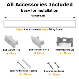 hunhun 40-Pack 3.3ft/1Meter U Shape LED Aluminum Channel System with Milky Cover, End Caps and Mounting Clips, Aluminum Profile for LED Strip Light Installations, Very Easy Installation