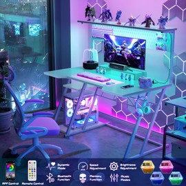 Gaming Computer Desk with Power Outlets, Gaming Desk with Hutch and LED Lights, Reversible PC Gaming Desk with Pegboard, Carbon Fiber White, 47"