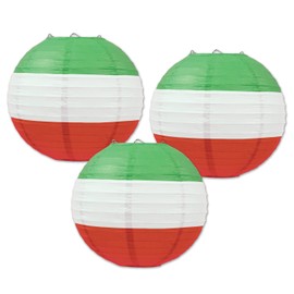 Beistle Multicolored Round Shaped Paper Lanterns, 9 1/2-Inch, Red/White/Green