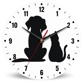 SPUNKER Clock for Bedroom,Black Cat Dog Wall Clock Battery Operated 10 Inch,Animals Round Clock Silent Non-Ticking Wall Decor for Farmhouse Office Home School Living Room Bedroom